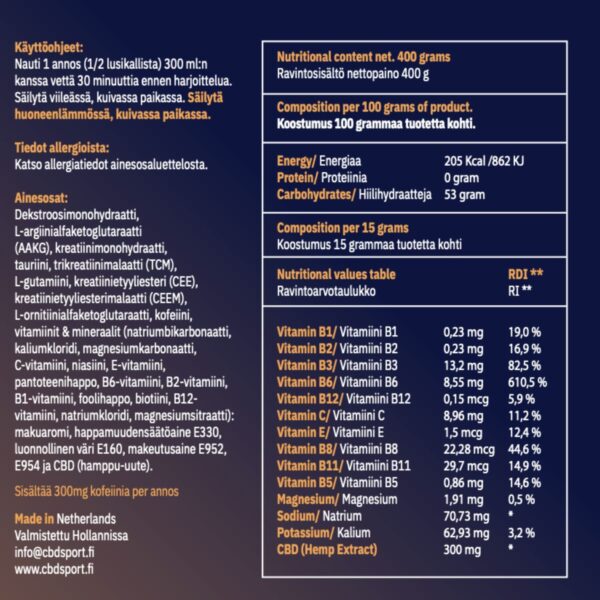CBD Pre-Workout Kirsikka ravintoarvot
